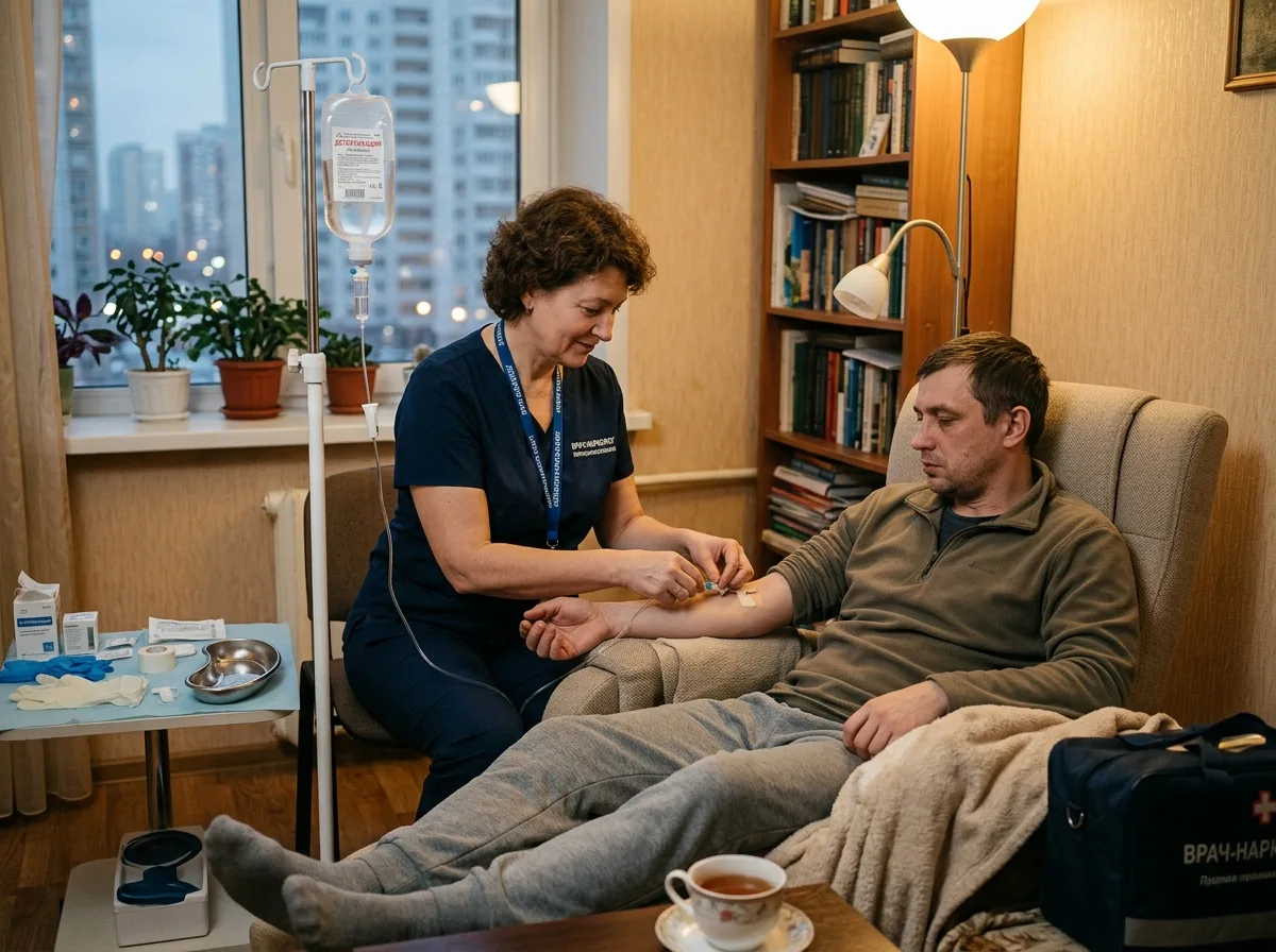Врач-нарколог устанавливает капельницу пациенту дома в Москве, медицинская детоксикация, мягкий свет