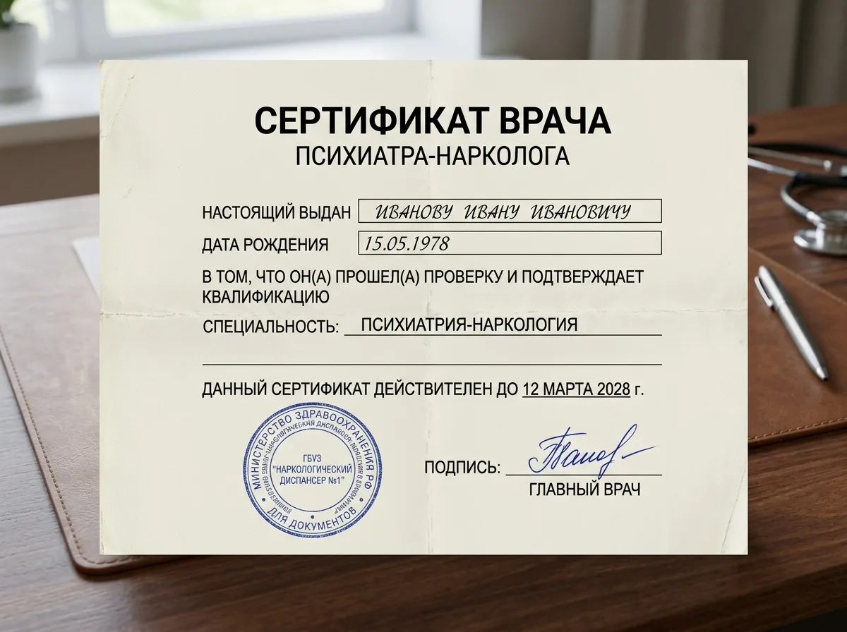 Сертификат врача психиатра-нарколога, медицинский документ с подписью и печатью